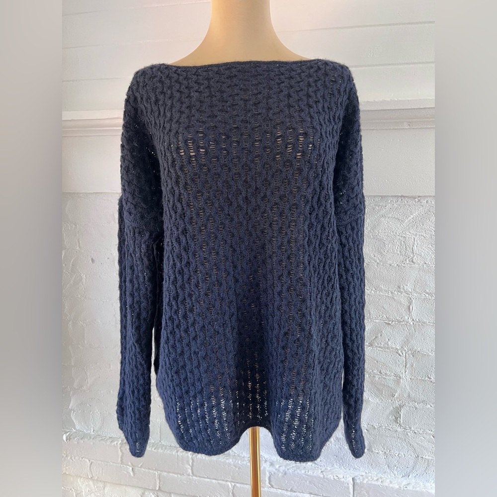 Vince Mini Cable Bateau Navy Blue Merino Alpaca Camel Blend - Picture 4 of 12